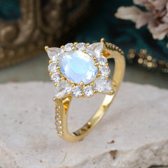 1.5CT Oval Cut Moonstone Classic Side Stone 4 Prong Engagement Ring Unique Halo Bridal Ring