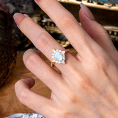 1.5CT Oval Cut Moonstone Classic Side Stone 4 Prong Engagement Ring Unique Halo Bridal Ring