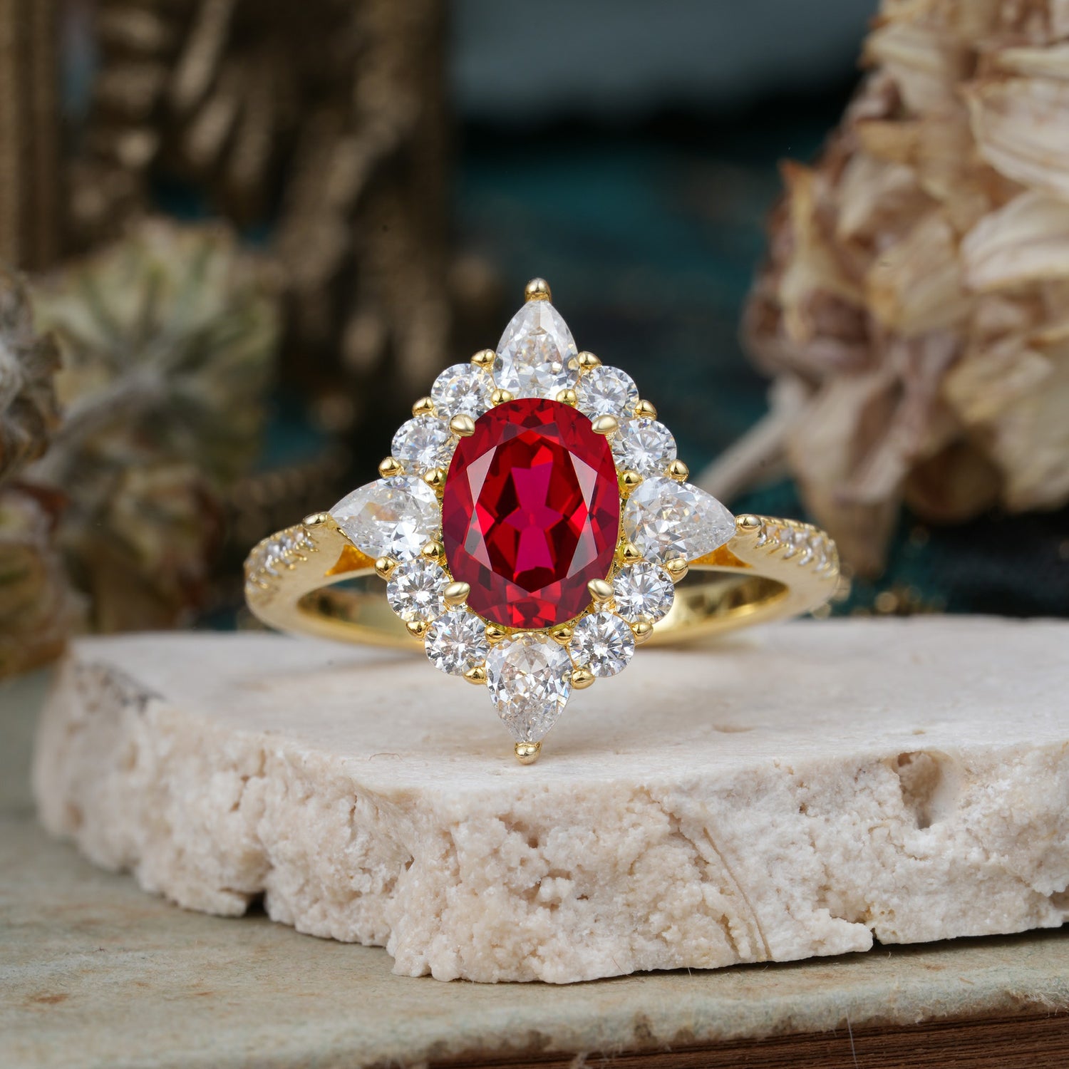 Luxury Oval Cut Halo Pavé Ruby Engagement Ring - Additional view