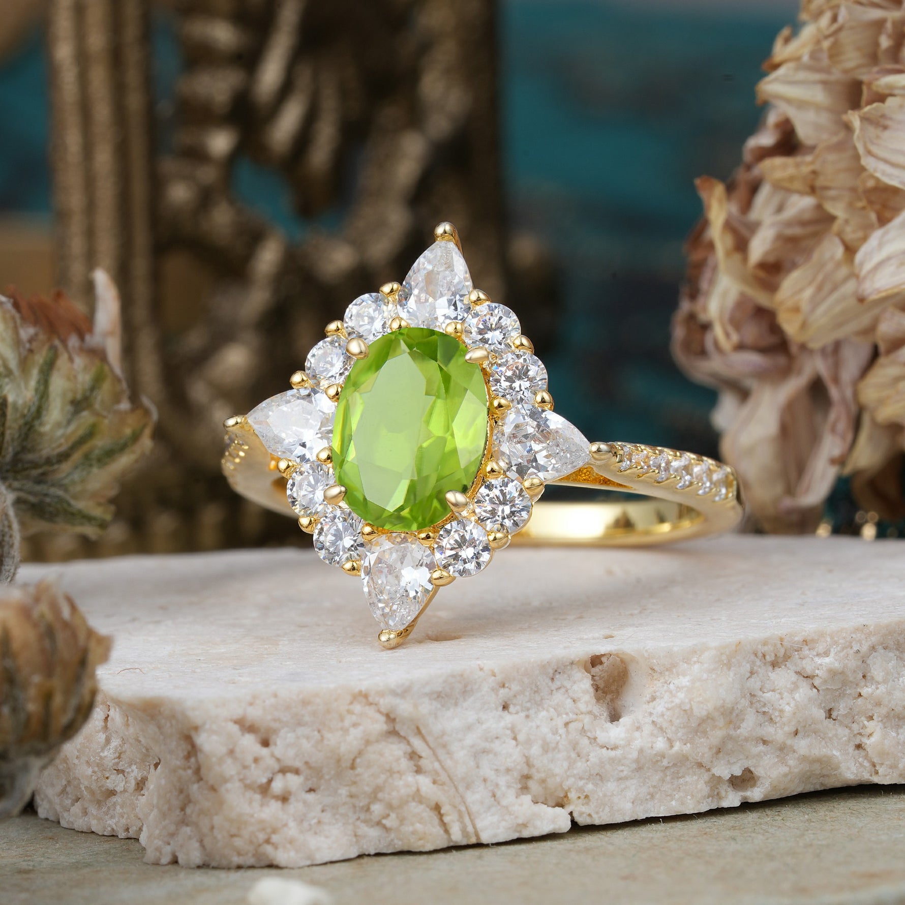 Luxury Oval Cut Halo Pavé Peridot Engagement Ring - Additional view