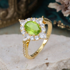 1.5CT Oval Cut 4 Prong Peridot Classic Side Stone Engagement Ring Unique Halo Bridal Ring