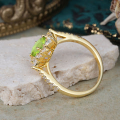 1.5CT Oval Cut 4 Prong Peridot Classic Side Stone Engagement Ring Unique Halo Bridal Ring