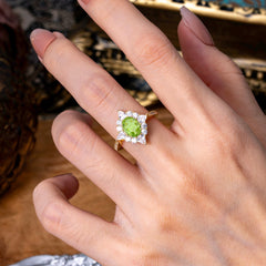 1.5CT Oval Cut 4 Prong Peridot Classic Side Stone Engagement Ring Unique Halo Bridal Ring