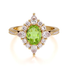 1.5CT Oval Cut Peridot Classic Side Stone Engagement Ring Unique Halo Bridal Ring