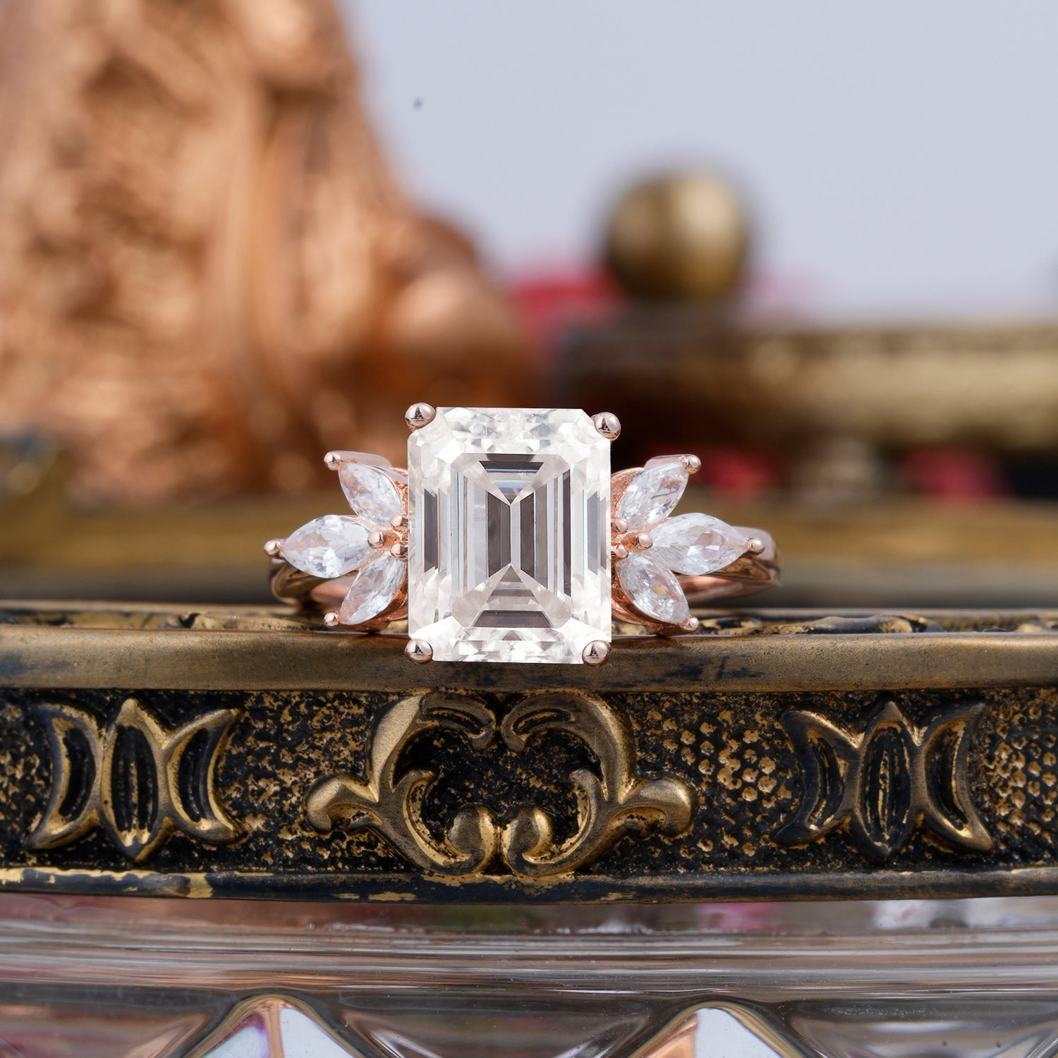 4CT Emerald Cut Moissanite Vintage Engagement Ring with Marquise Cluster