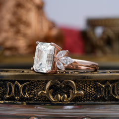 4CT Emerald Cut Moissanite Vintage Engagement Ring with Marquise Cluster