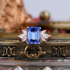 4CT Emerald Cut Sapphire Vintage 4 Prong Engagement Ring with Marquise Cluster
