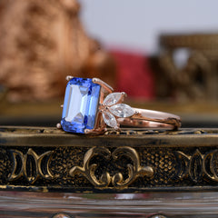 4CT Emerald Cut Sapphire Vintage 4 Prong Engagement Ring with Marquise Cluster