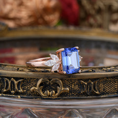 4CT Emerald Cut Sapphire Vintage 4 Prong Engagement Ring with Marquise Cluster