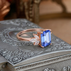 4CT Emerald Cut Sapphire Vintage 4 Prong Engagement Ring with Marquise Cluster