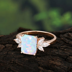 4CT Emerald Cut Opal Vintage Engagement Ring with Marquise Cluster