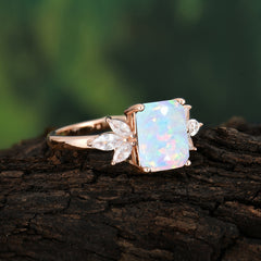 4CT Emerald Cut Opal Vintage Engagement Ring with Marquise Cluster