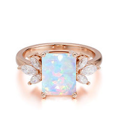 4CT Emerald Cut Opal Vintage Engagement Ring with Marquise Cluster