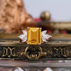 4CT Emerald Cut Citrine Vintage 4 Prong Engagement Ring with Marquise Cluster