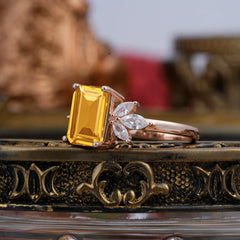 4CT Emerald Cut Citrine Vintage 4 Prong Engagement Ring with Marquise Cluster