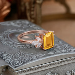 4CT Emerald Cut Citrine Vintage 4 Prong Engagement Ring with Marquise Cluster