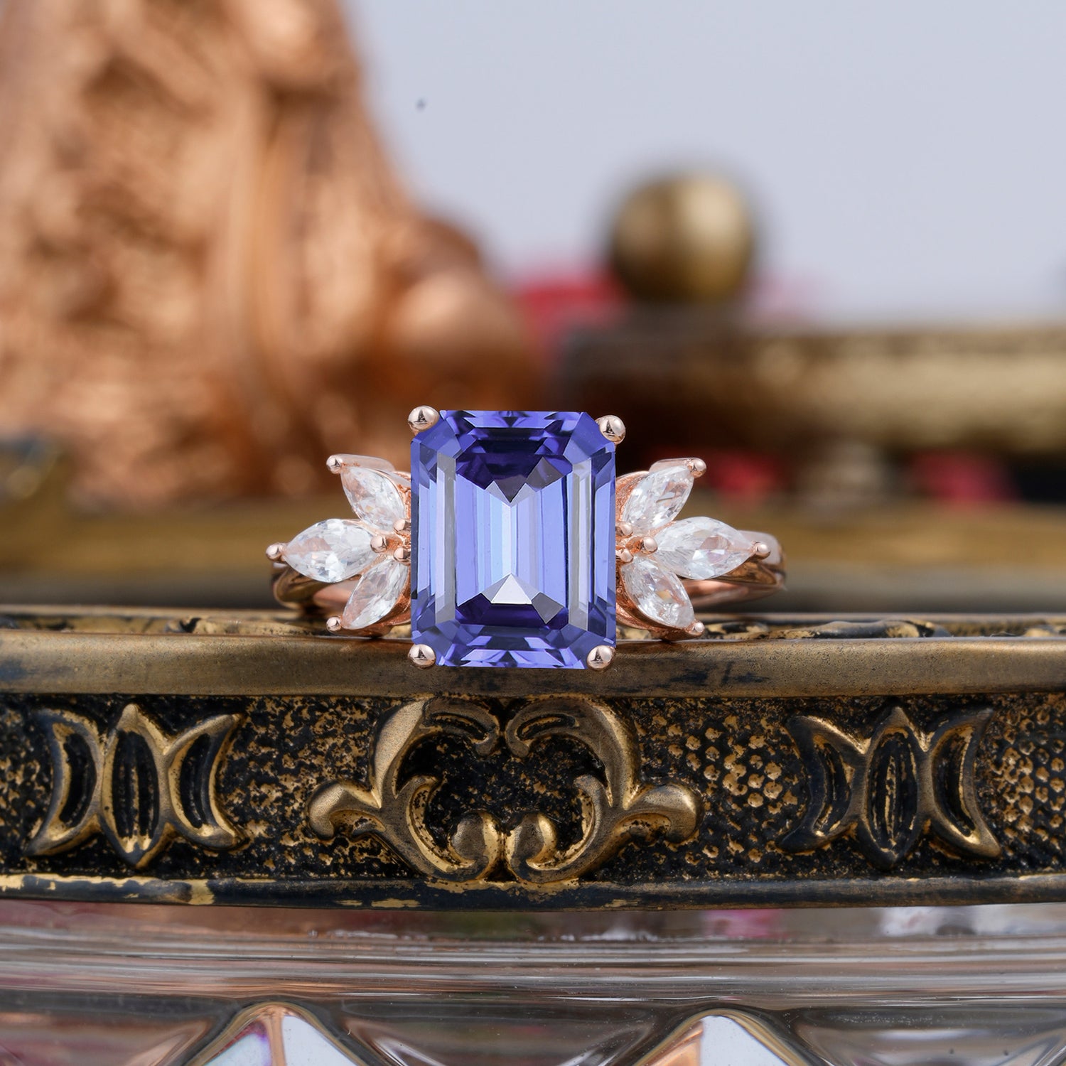 4CT Emerald Cut Tanzanite Vintage 4 Prong Engagement Ring with Marquise Cluster - Romalar Jewelry