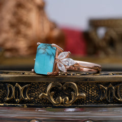 4CT Emerald Cut Turquoise Vintage 4 Prong Engagement Ring with Marquise Cluster