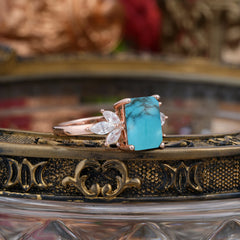 4CT Emerald Cut Turquoise Vintage 4 Prong Engagement Ring with Marquise Cluster