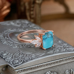 4CT Emerald Cut Turquoise Vintage 4 Prong Engagement Ring with Marquise Cluster