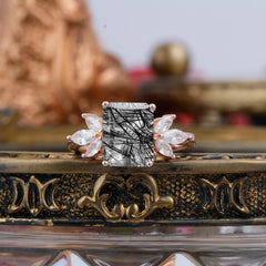 4CT Emerald Cut Black Rutilated Quartz Vintage 4 Prong Engagement Ring with Marquise Cluster