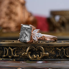 4CT Emerald Cut Black Rutilated Quartz Vintage 4 Prong Engagement Ring with Marquise Cluster