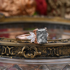 4CT Emerald Cut Black Rutilated Quartz Vintage 4 Prong Engagement Ring with Marquise Cluster