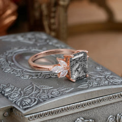 4CT Emerald Cut Black Rutilated Quartz Vintage 4 Prong Engagement Ring with Marquise Cluster