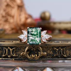 4CT Emerald Cut Moss Agate Vintage Engagement Ring with Marquise Cluster