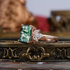 4CT Emerald Cut Moss Agate Vintage Engagement Ring with Marquise Cluster