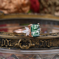 4CT Emerald Cut Moss Agate Vintage Engagement Ring with Marquise Cluster