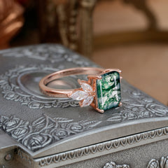 4CT Emerald Cut Moss Agate Vintage Engagement Ring with Marquise Cluster