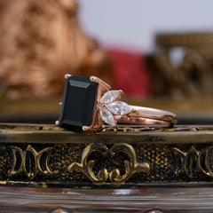 4CT Emerald Cut Black Onyx Vintage Engagement Ring with Marquise Cluster