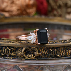 4CT Emerald Cut Black Onyx Vintage Engagement Ring with Marquise Cluster