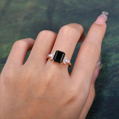 4CT Emerald Cut Black Onyx Vintage Engagement Ring with Marquise Cluster