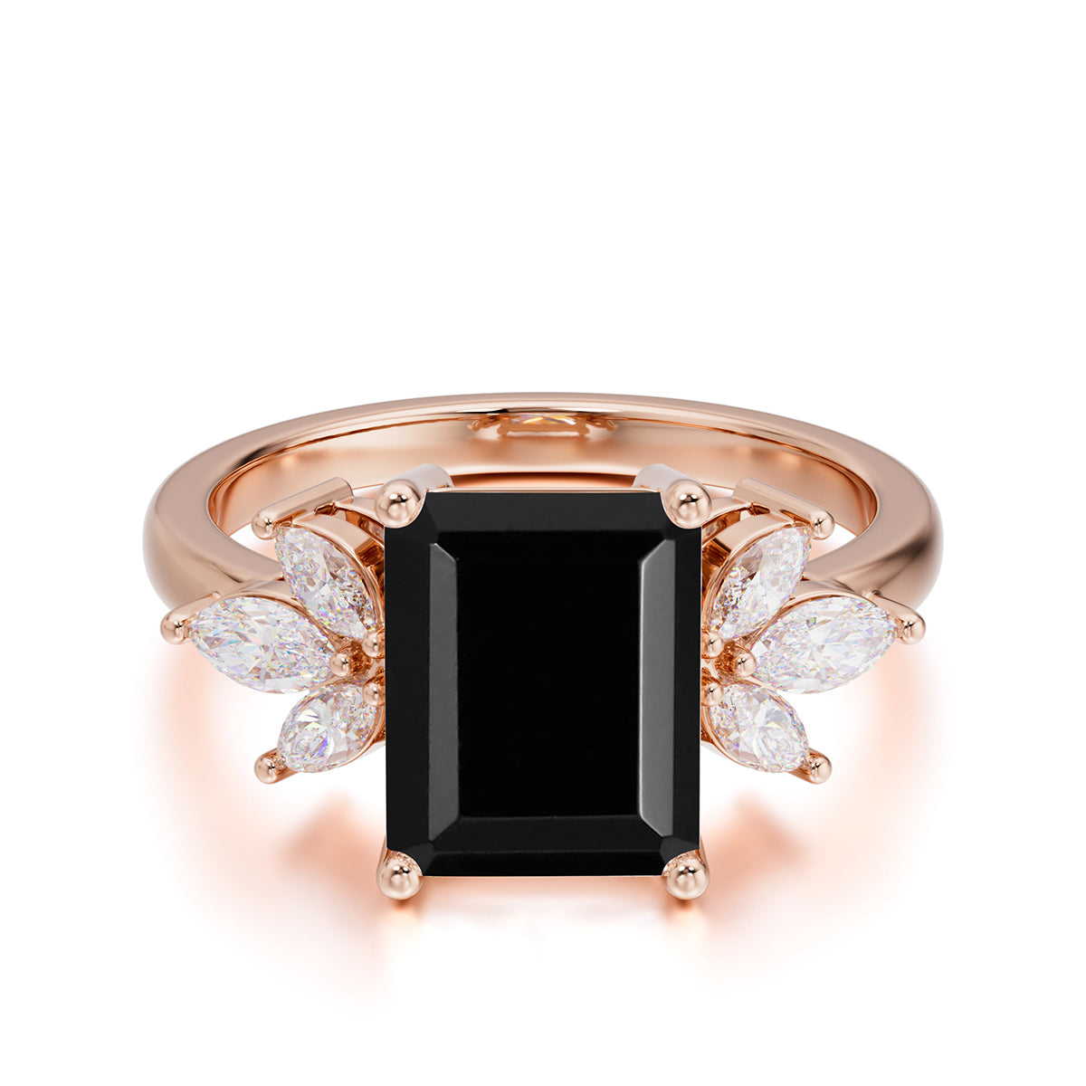 4CT Emerald Cut Black Onyx Vintage Engagement Ring with Marquise Cluster