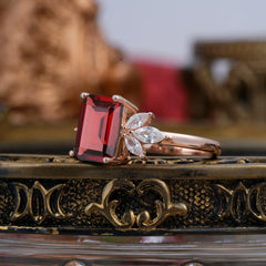 4CT Emerald Cut Garnet Vintage 4 Prong Engagement Ring with Marquise Cluster