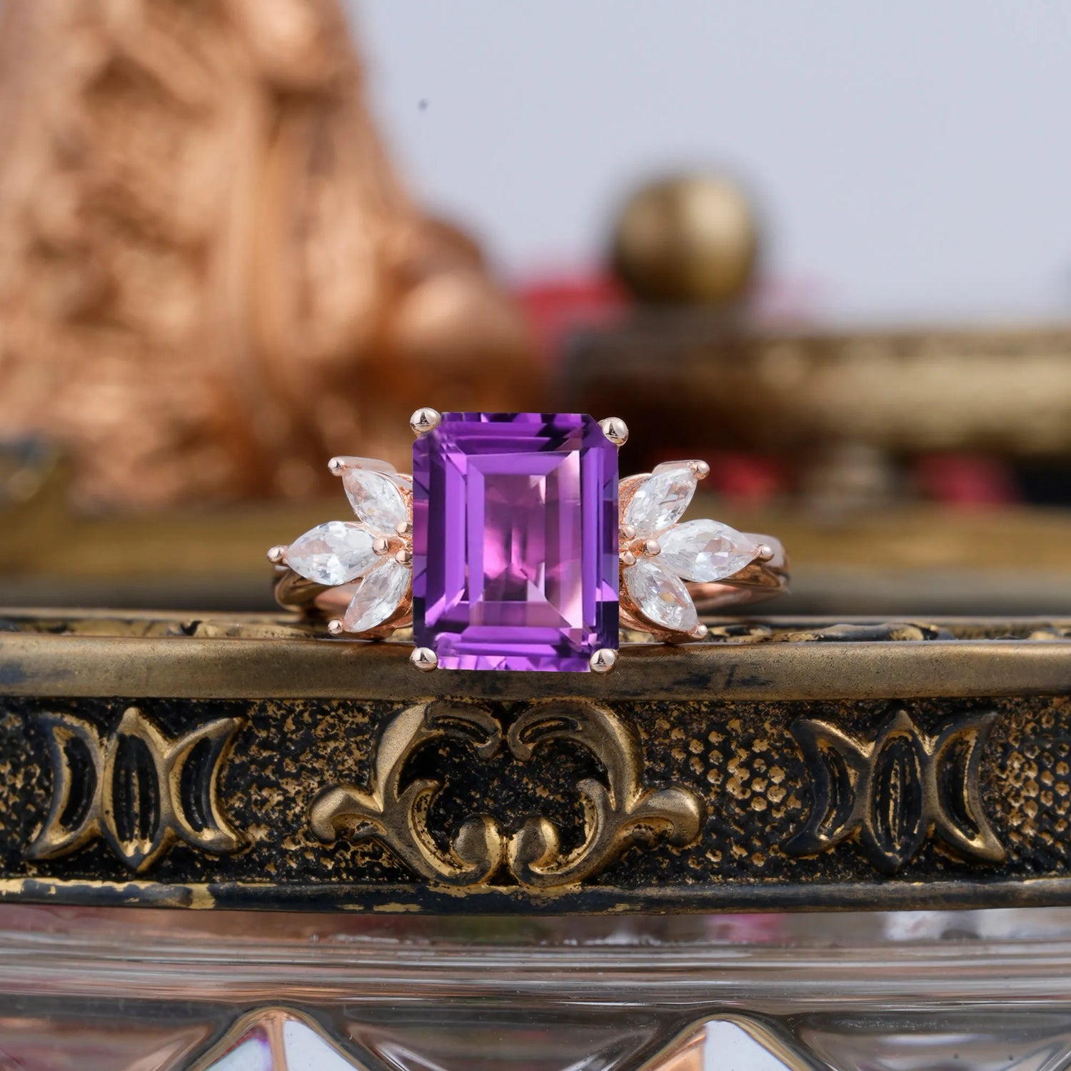 4CT Emerald Cut Amethyst Vintage 4 Prong Engagement Ring with Marquise Cluster