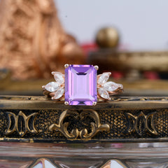 4CT Emerald Cut Amethyst Vintage 4 Prong Engagement Ring with Marquise Cluster