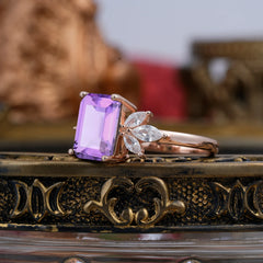 4CT Emerald Cut Amethyst Vintage 4 Prong Engagement Ring with Marquise Cluster