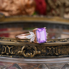 4CT Emerald Cut Amethyst Vintage 4 Prong Engagement Ring with Marquise Cluster