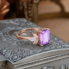 4CT Emerald Cut Amethyst Vintage 4 Prong Engagement Ring with Marquise Cluster