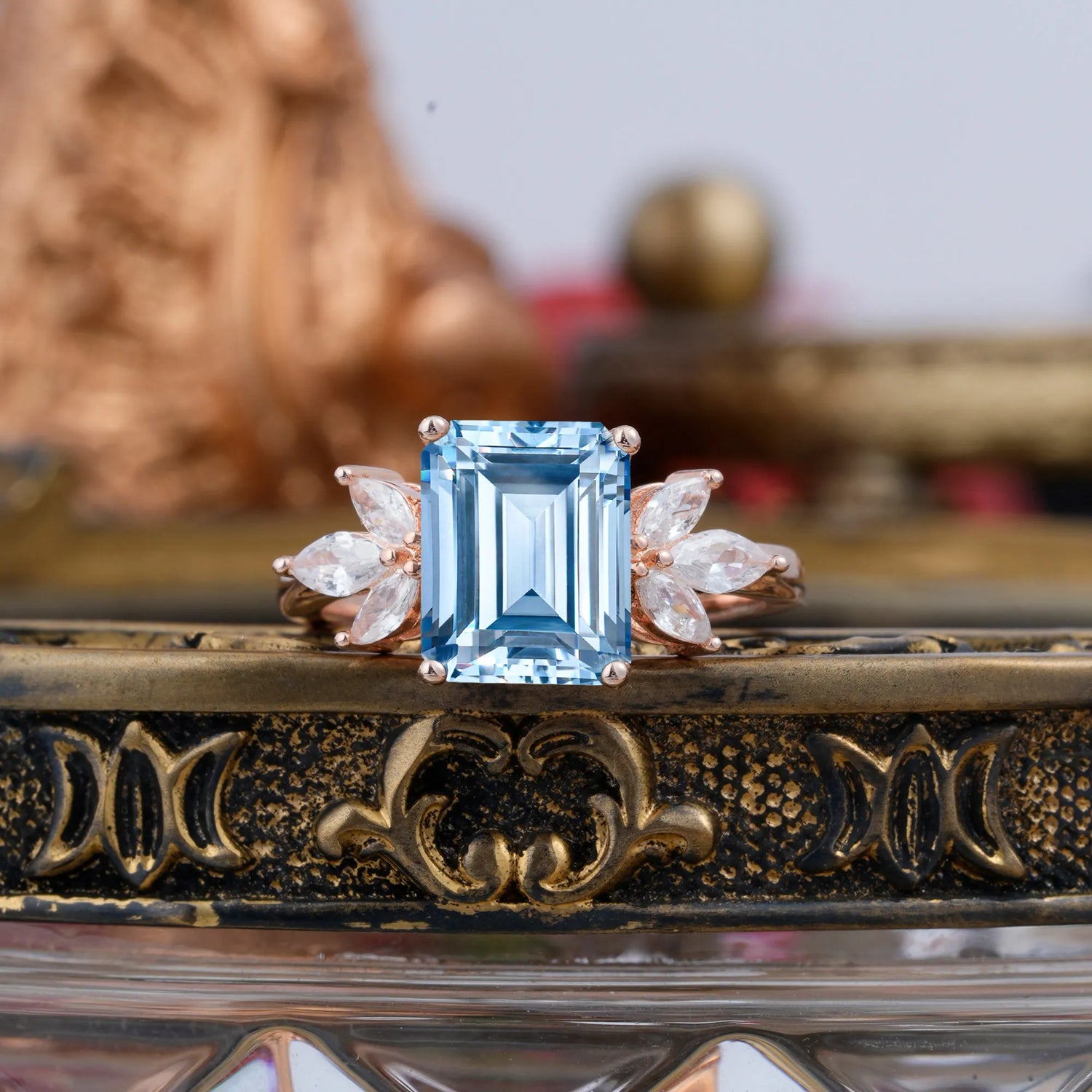 4CT Emerald Cut Aquamarine Vintage 4 Prong Engagement Ring with Marquise Cluster