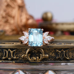 4CT Emerald Cut Aquamarine Vintage 4 Prong Engagement Ring with Marquise Cluster