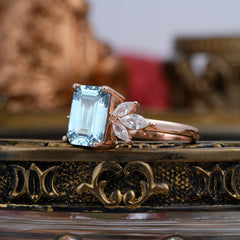 4CT Emerald Cut Aquamarine Vintage 4 Prong Engagement Ring with Marquise Cluster