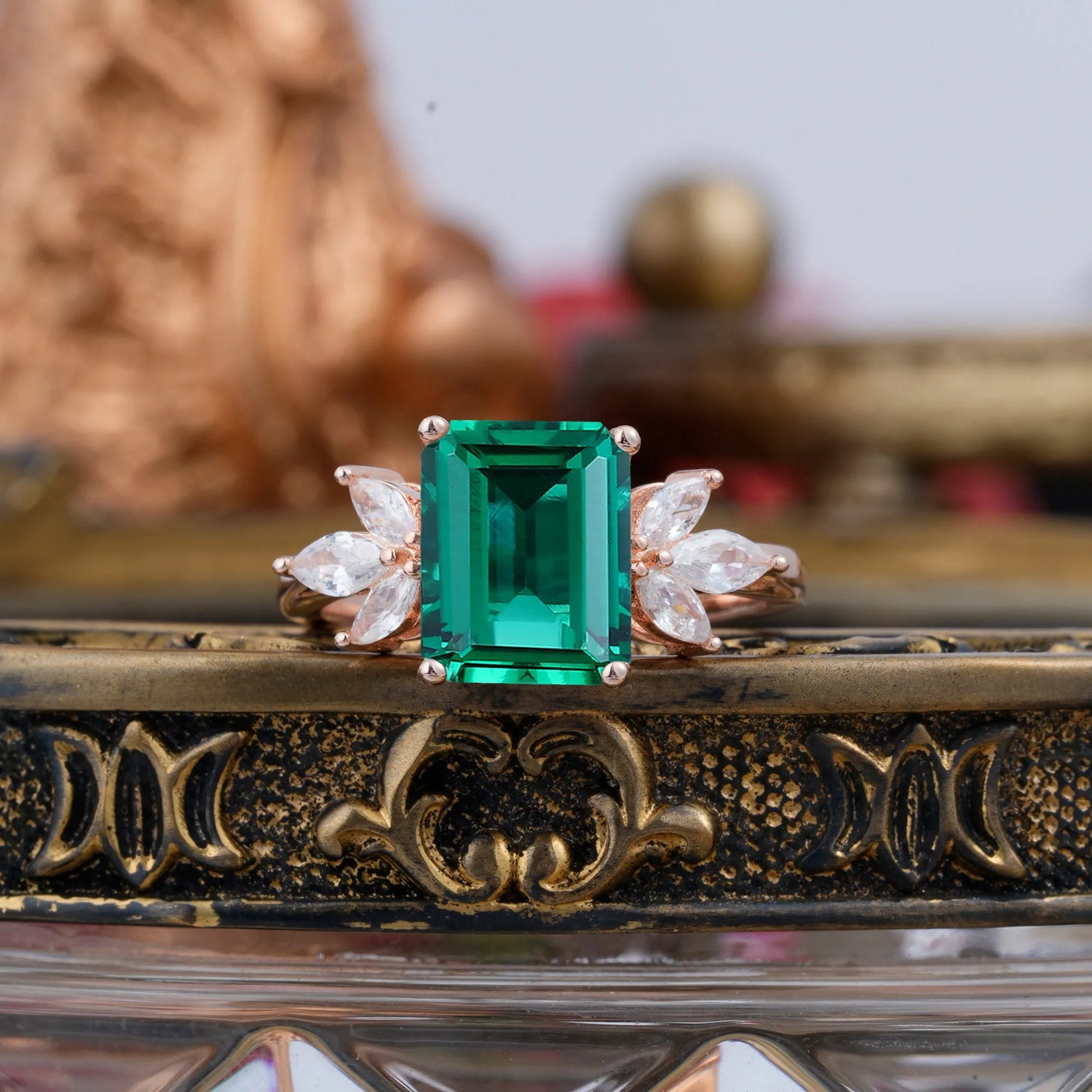 4CT Emerald Cut Emerald Vintage 4 Prong Engagement Ring with Marquise Cluster