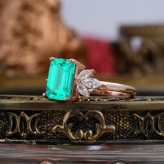 4CT Emerald Cut Emerald Vintage 4 Prong Engagement Ring with Marquise Cluster