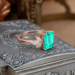 4CT Emerald Cut Emerald Vintage 4 Prong Engagement Ring with Marquise Cluster