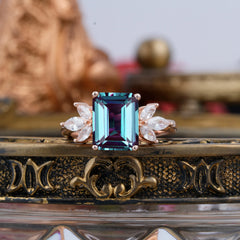 4CT Emerald Cut Alexandrite Vintage 4 Prong Engagement Ring with Marquise Cluster