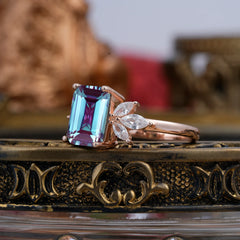 4CT Emerald Cut Alexandrite Vintage 4 Prong Engagement Ring with Marquise Cluster